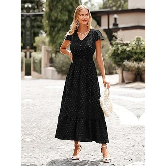Womens Black Boho Short Sleeve V Neck Swiss Dot Ruffle Cocktail Dress - Picture 4 of 4